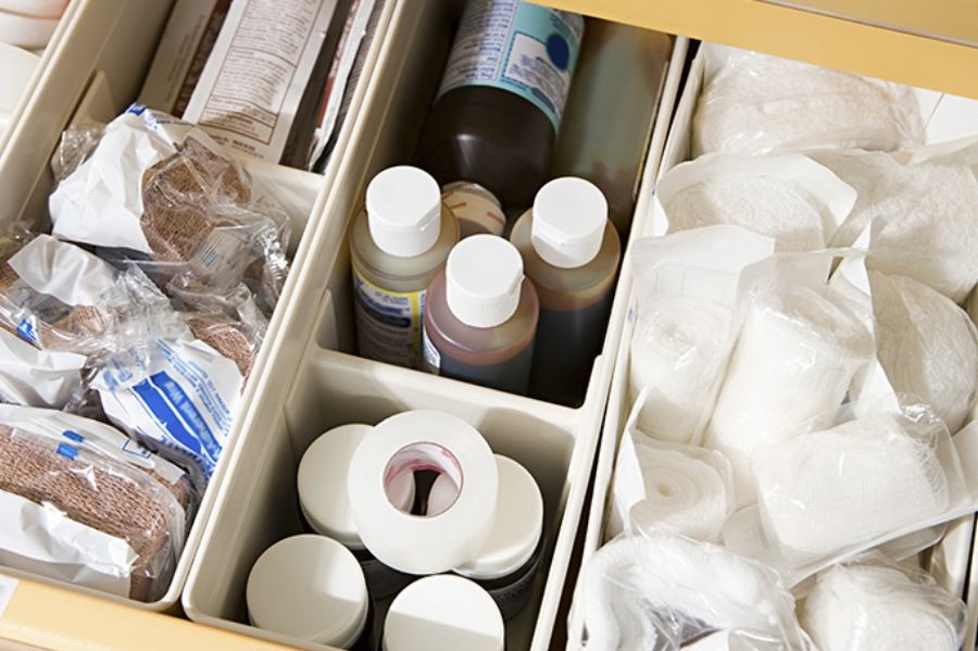 supplies in a drawer for nurses office